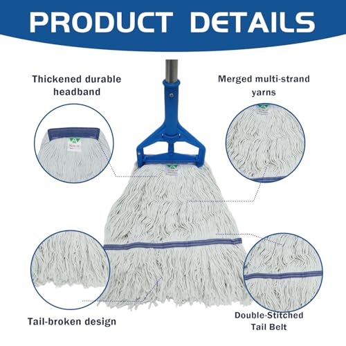 Image of Commercial Cotton Mop | Heavy-Duty Industrial Mop | 2 Replacement Heads | 152cm Stainless Steel Handle | Professional Institutional Cleaning (A)