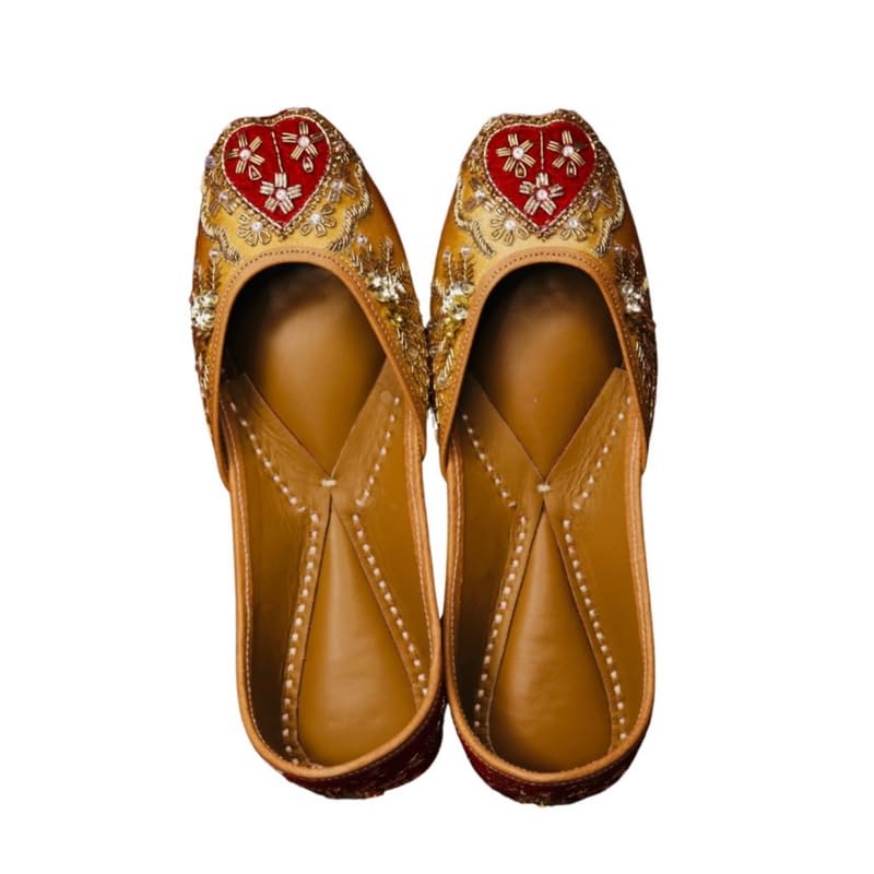 Gold Embroidered Jutti for Women | Handcrafted Women's Flats with Maroon Heart-Shaped Rhinestone Accents, Traditional Ethnic Footwear for Festive Occasions-image-21