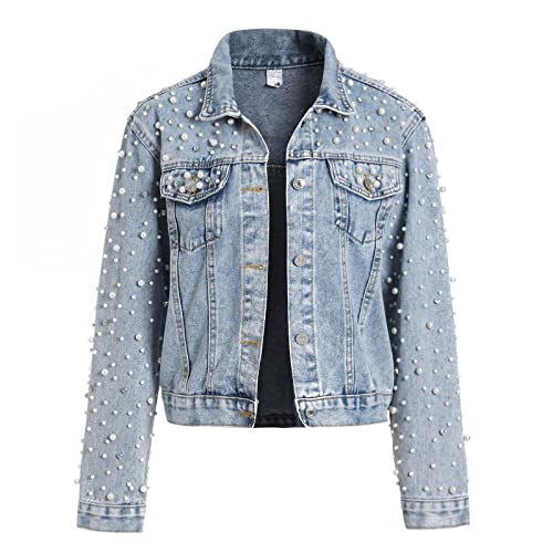 LifeShe Women's Pearls Denim Jacket Cropped Rhinestones Jean Jacket Coat2