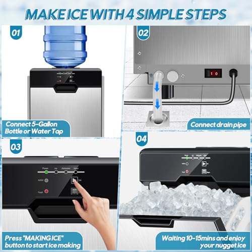 Image of Nugget Ice Maker Countertop, 80Lbs /24H with 20LBS Ice Basket | 2 Water Inlet (Tap /Bottle), Self-Cleaning Stainless Steel Pellet Ice Machine, Chewable Ice Dispenser for Home Kitchen Office
