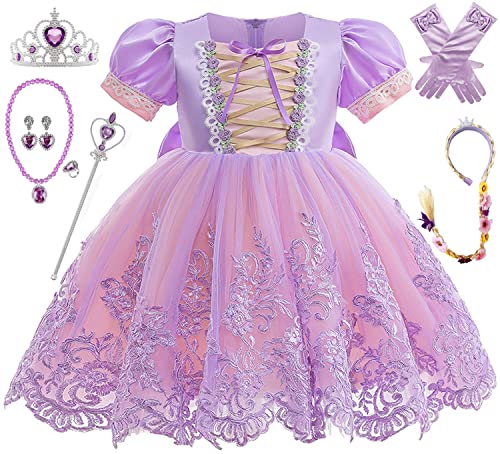 Windskids Rapunzel Disfraz con Peluca Trenzas para Niña Cosplay Navidad Carnaval Halloween Cumpleaños Año Nuevo Fiesta Bautismo Tul Vestido de Princesa y Guantes Collares Accesorios Bebe 1-7 años Cover