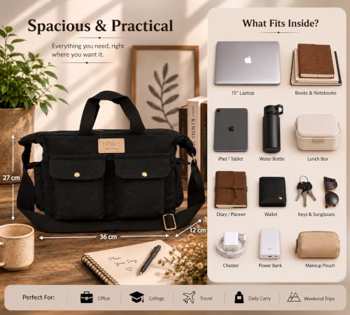 Image of ROUGH Canvas Cotton messenger bag.15'' Lap top. Large size 36x27x11 cm(12Ltr) Metal zipper closure. Allround pockets. Vintage look. Antique fittings.Sustainable