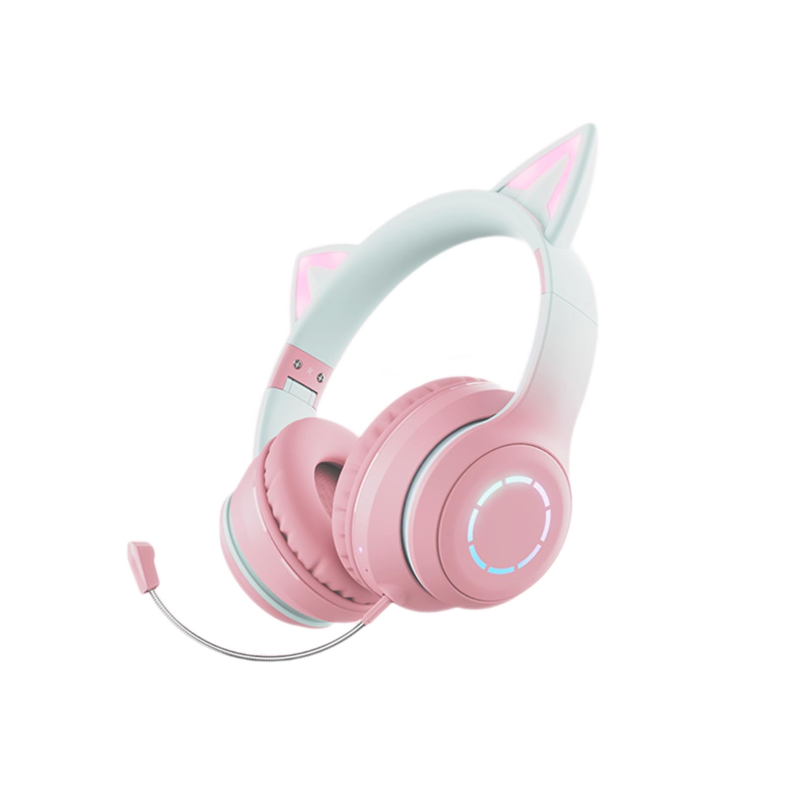 Kabelloses Gaming-Headset, niedliche Katzenohren, Bluetooth 5.3, LED-Beleuchtung, abnehmbares Mikrofon, 40-mm-Treiber, 3,5-mm-AUX-Kabel, faltbar, Bequeme Ohrpolster (PINK)