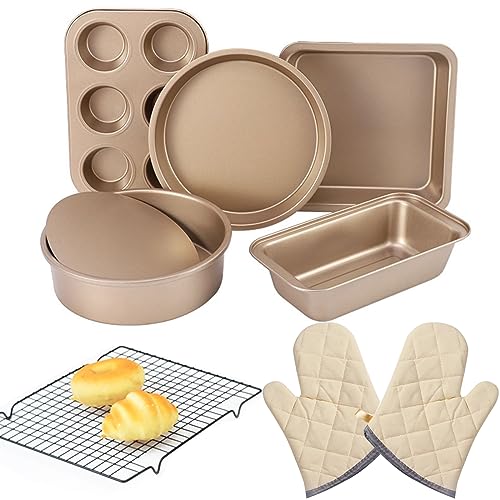 EYSOO Nonstick Bakeware Set 7 Pcs Baking Pans Set- Pizza Tray Round/Square Pans Loaf Pan 6-Cup Muffin Pan Carbon Steel Baking Trays Oven Trays for Bakers Beginners with Rack & Cotton Gloves