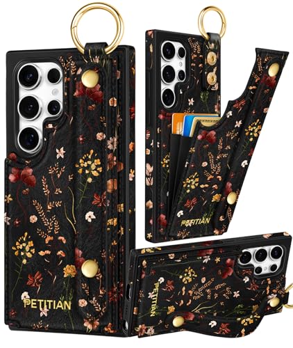 Petitian for Samsung Galaxy S25 Ultra Case with Wallet - Women Girls Cute Girly Aesthetic Unique Design Leather Credit Card Holder Cardholder Stand Wristband for S25 Ultra Grow Flower