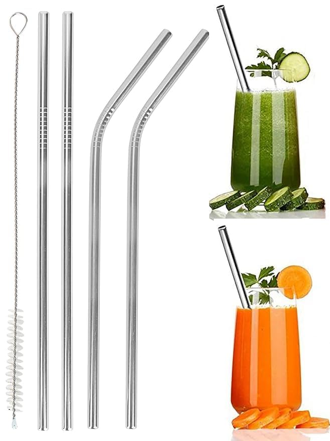 Image of Reusable Stainless Steel Straw for Kids and Adults Reusable Metal Straw Set with Cleaning Brush, Thick, Long, Dishwasher Safe Stainless Steel (2 Bent + 2 Straight +1 Brush)