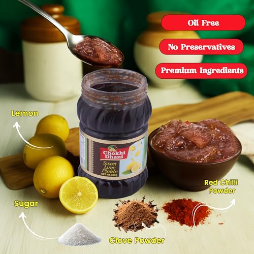 Image of Chokhi Dhani Sweet Lime Pickle (Pack of 2, 600g) | Khatta Meetha Nimbu Achar | Sweet & Sour Lemon Pickle | Oil-Free | No Artificial Flavours | Traditional Indian Pickle