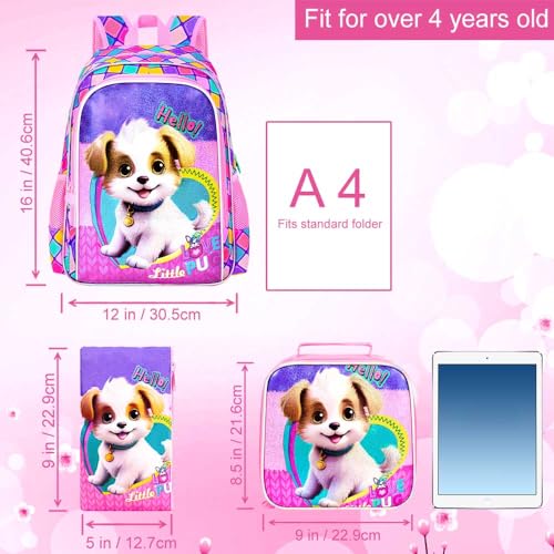 3PCS Kids Backpack for Girls, 16'' Dog Preschool Bookbags with Lunch Box, Cute Animal Water Resistant School Backpacks Set for Elementary Kindergarten Toddler4