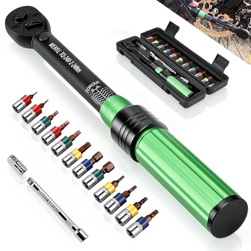 15-teiliges kleiner Drehmomentschlüssel Fahrrad Set 2-24 Nm 1/4 Zoll Torque Wrench mit 3 % Genauigkeit 72 Zähne inkl. 12 Bits 1/4 auf 3/8 Adapter & Verlängerung für MTB und E-Bike-Reparatur