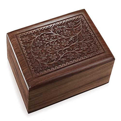 Reminded Rosewood Hand-Carved Floral Urn Box - Cremation Memorial with Velvet Bag - Medium