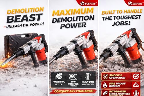 Image of SCEPTRE 1250W Demolition Hammer Concrete Breaker Machine | 7 KG Heavy-Duty Electric Jack Hammer with Flat & Pointed Chisels, Carry Case | 2000 BPM for Trenching & Chipping