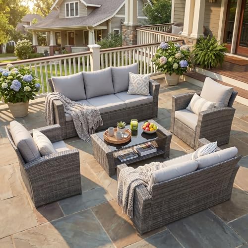 Image of Wisteria Lane Patio Furniture Set, 5 Pieces Wicker Outdoor Furniture for All Weather, Patio Sofa with High Backrest Support and Wide Armrest for Backyard, Balcony, Deck, Porch, Ash Gray
