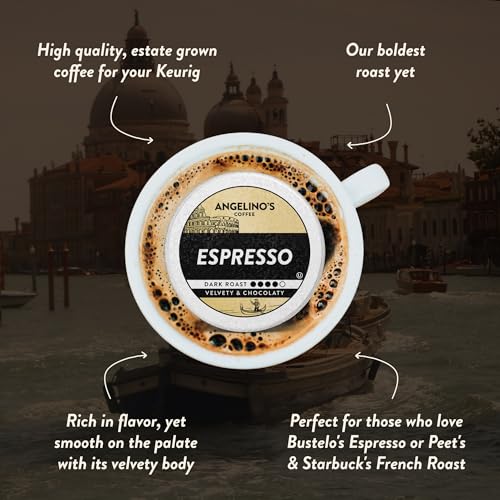 Image of Angelino's Coffee Espresso Dark Roast Coffee Pods, 24 Count - Bold Italian Style Blend, K Cup Compatible for Keurig - Dark Chocolate & Caramel Notes, Smooth with No Bitterness, Perfect for Lattes
