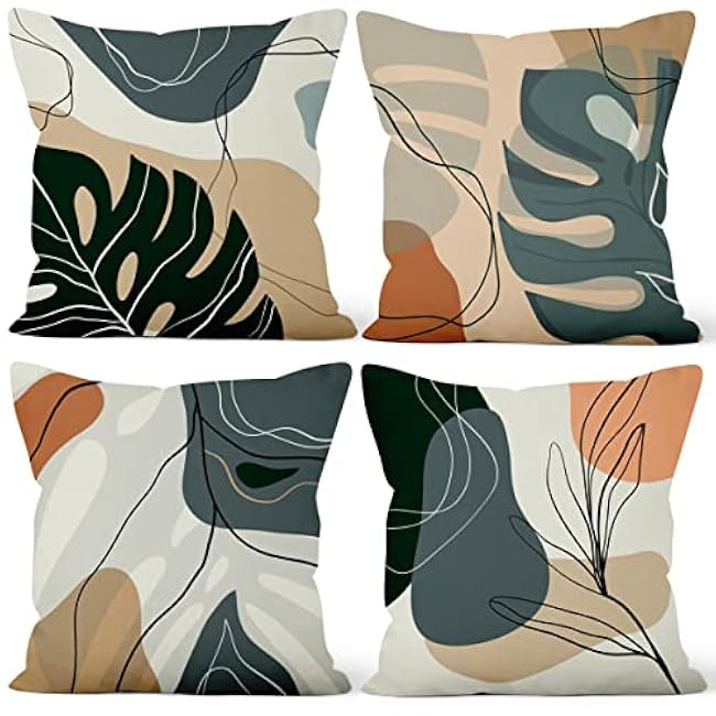 4 Pcs/Set Rose Flowers Pillow Covers Summer Floral Green Leaves Pink Flowering Shrub Natural Scenery Watercolor Romantic Linen Cushion Case for Outdoor Couch Sofa Bedroom, 16x16