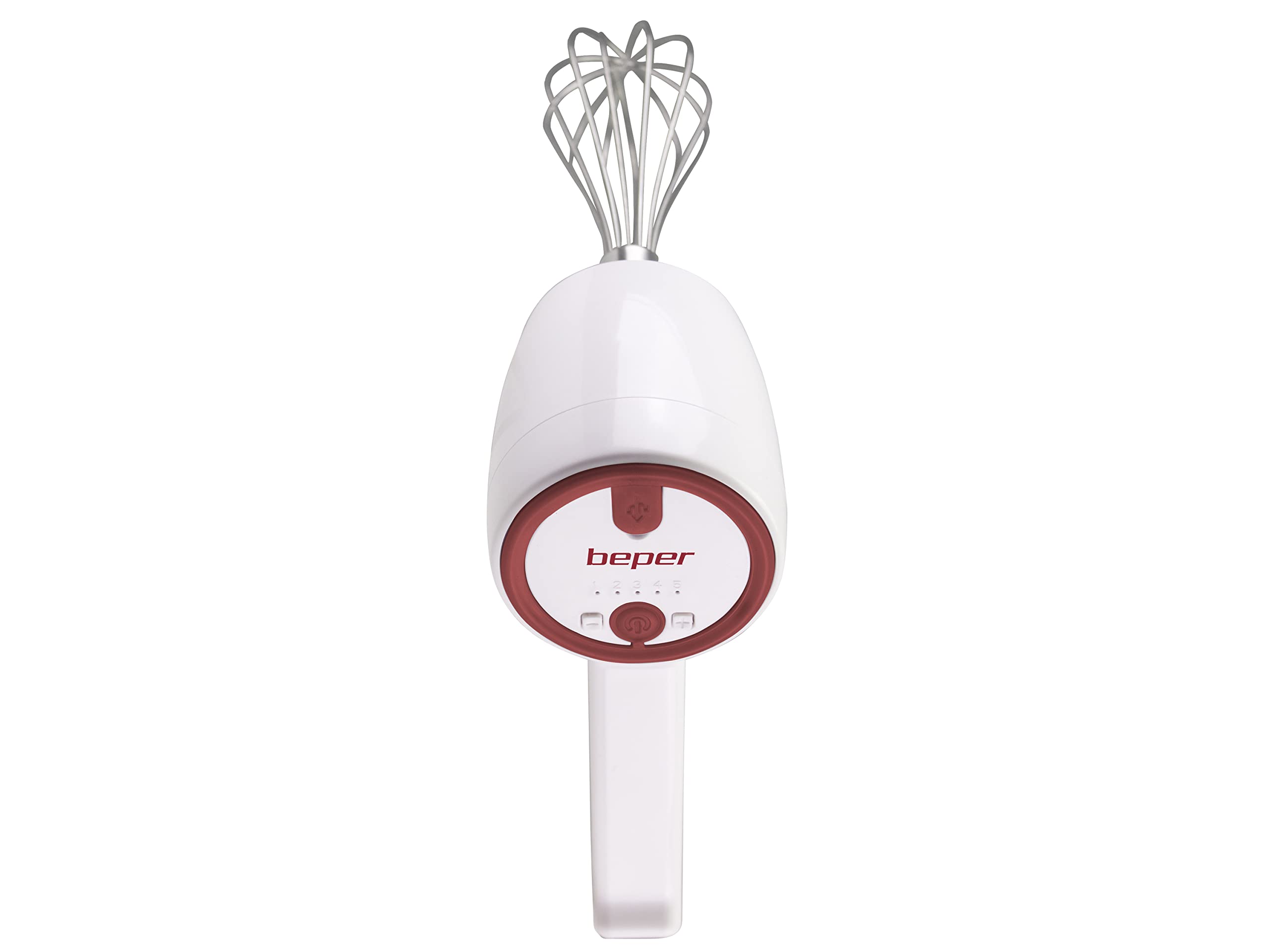BEPER P102SBA007 Sbattitore ricaricabile senza filo, Impastatore ricaricabile, 20W, 2 Fruste in Acciaio inossidabile, 5 Velocità, Unico Tasto Funzionamento, Cavo USB incluso, Rosso/Bianco