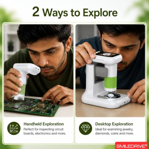 Image of SMILEDRIVE Digital Mini Microscope for Kids with 1000X Magnification | 2.4 Inch IPS Screen | USB PC Connectivity | 8 Led lights & 1 backlight | HD Photo & Video Recording | Handheld & Rechargeable