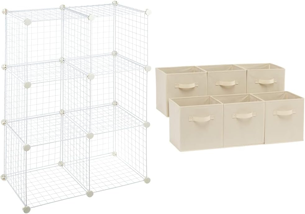Amazon Basics 6 Cube Wire Storage Shelves White & Foldable Storage Cubes (6 Pack), Beige