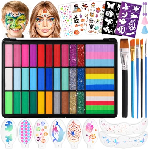 Janolia Palette Maquillage Enfant, 33 Couleurs Peinture Visage Enfant, Peinture Corporelle Lavable, Kit Maquillage Enfants pour Carnaval Halloween Pâques...