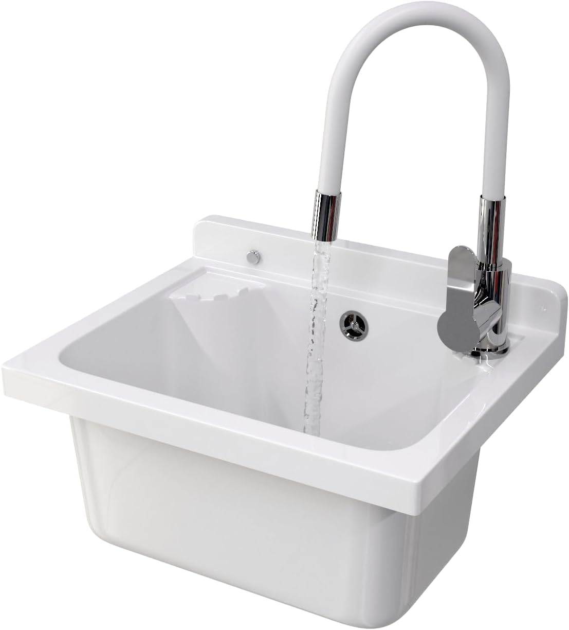 Ausgussbecken mit Mischbatterie undPlatz für Seifenspender Garage Keller Werkstatt und Waschküche - Universal Waschtrog mit Siphon - Waschbecken Wandmontage - 42x34x24 cm - Weiß - Granitan