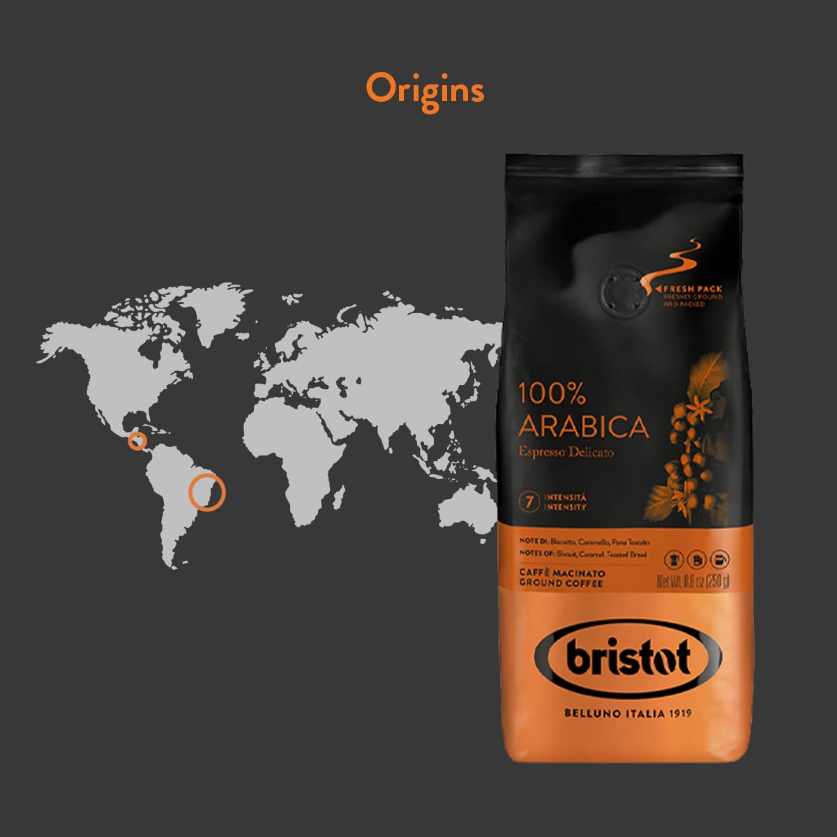 Bristot, Caffè Macinato 100% ARABICA - Totale 1 kg - Caffè in Polvere per Moka, Miscela dal Brasile e Centro AmericaLieve Acidità e Moderata Intensità - Set da 4 Confezioni da 250g