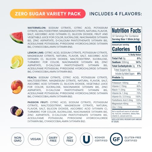dripdrop sugar free hydration packets - zero classic variety pack - single serve electrolytes powder drink mix - lemon lime watermelon peach passion fruit - non-gmo gluten free vegan - 32 sticks