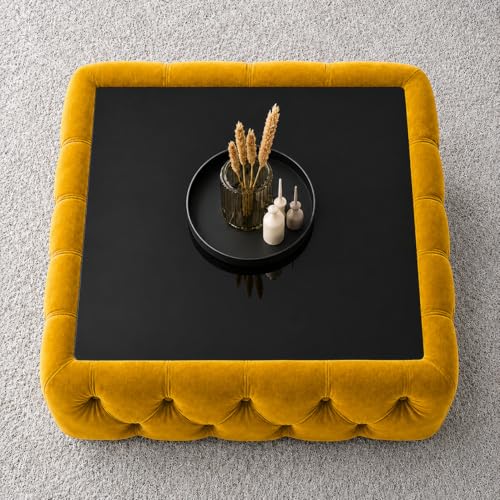 Image of Premium Tufted Upholstered Coffee Table with Mica Top - Modern Square Ottoman Center Table, Soft Velvet Finish, Luxury Living Room Furniture - 30 x 30 x 18 Inch (Yellow)