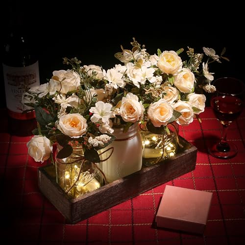 3 Pcs Mason Jar Centerpiece Table Decorations for Dining Table Decor Farmhouse Coffee Table Decor with Wood Tray and Led Light Table Centerpieces for Dining room Kitchen Living Bathroom,White - Image 7