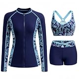 Women 3 Piece Rash Guard Long Sleeve Swimsuit with Sports Bra and Shorts