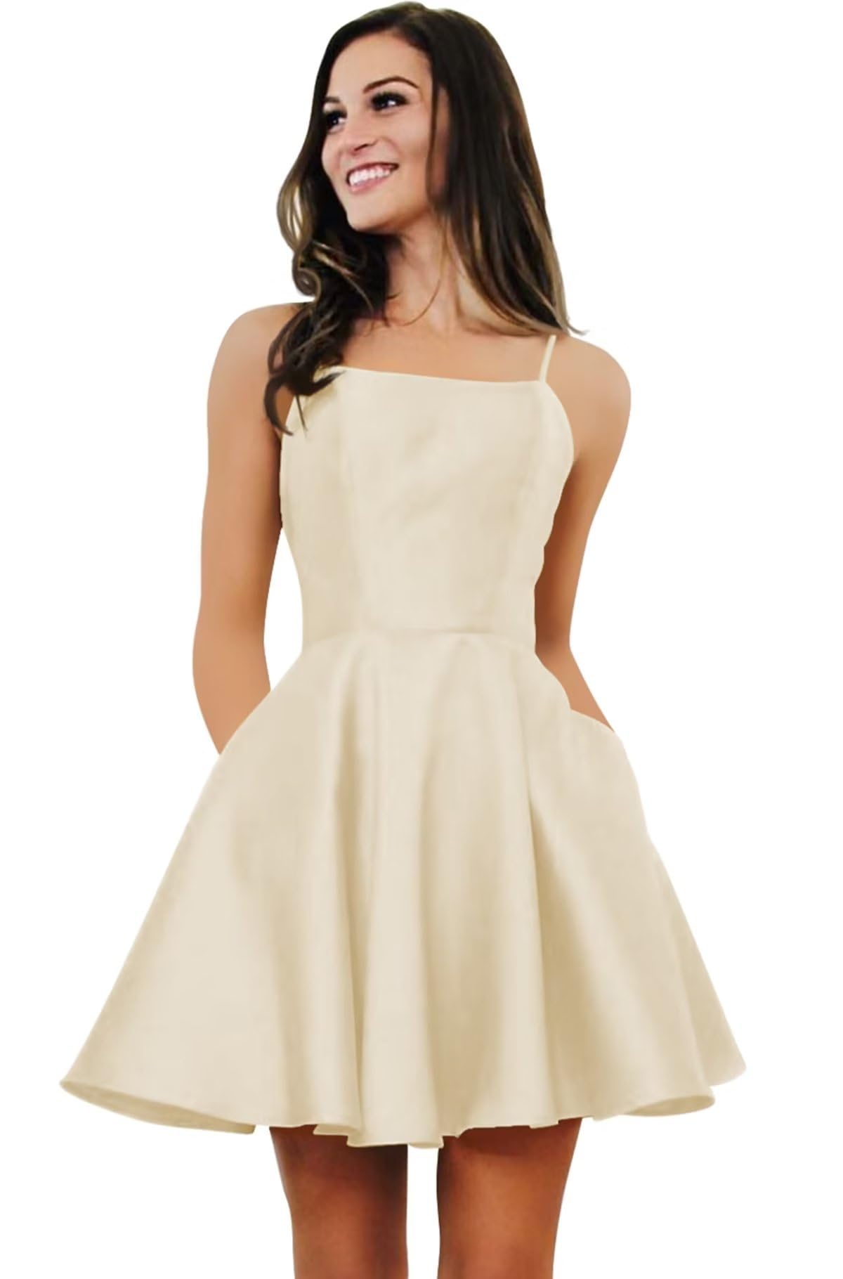 Short Satin Homecoming Dresses for Juniors with Pockets Spaghetti Straps Prom Dresses 2024
