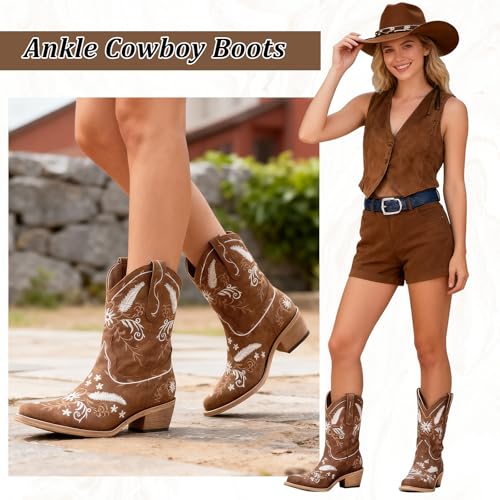 Image of LingxiaUne Cowboy Boots for Women Floral Cowgirl Boots with Pointed Toe and Chunky Heel Mid Calf Western Boot for Concert Festival Country Night Party