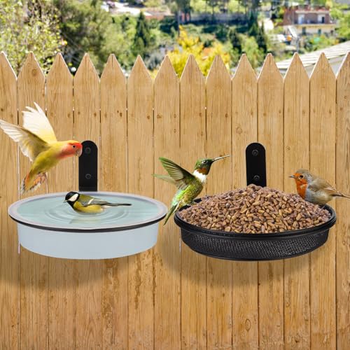 2 Fence Bird Feeder Trays - Outdoor Tree Mounted Wild Bird Bath 7 in Diameter Feeders with Heavy-Duty Iron Rings Installed on Wooden Fences Trees Decks Indoor and Outdoor Walls