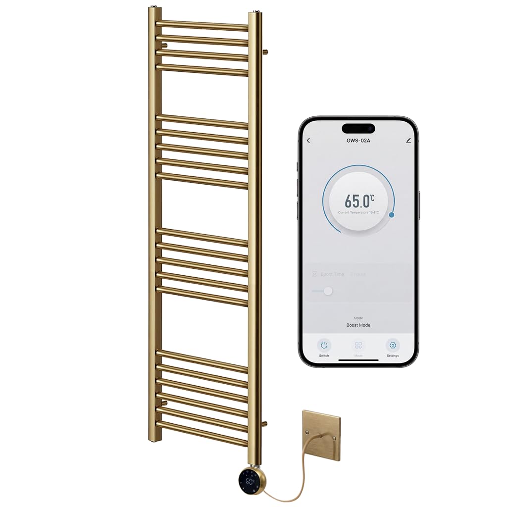 Greened House Brushed Brass Electric WiFi Towel Rail 300mm W x 1200mm H