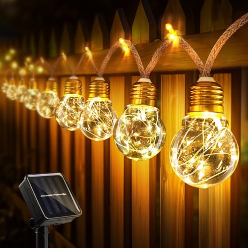 BrizLabs Guirnalda de Luces Solares Jardín, 8.2M LED Cadena de Luz Solar Exterior con 16 Bombillas Impermeable 8 Modos Guirnaldas Luminosas Exteriores para Balcón Terraza Fiesta Cámping, Blanco Cálido