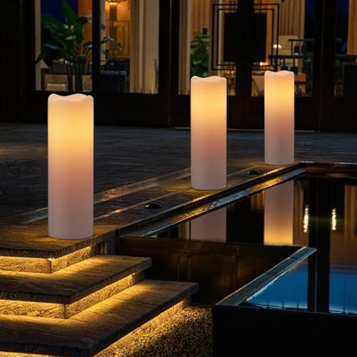 Image of GenSwin Solar Candles Outdoor Waterproof, Large 14 inch x 4 inch Solar Candles Rechargeable, Battery Operated Pillar Candle with Sensor Timer Dusk to Dawn for Lanterns, Outdoor, Patio Decor(Set of 2)