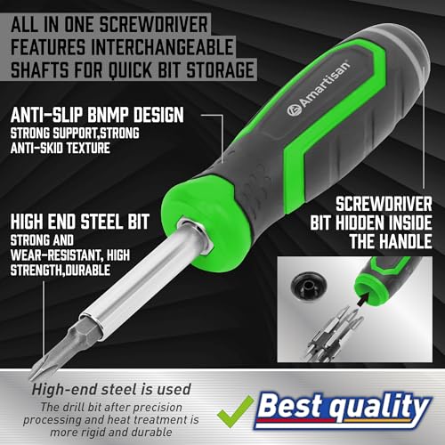 Image of Amartisan 18-in-1 Multi-bit Screwdriver Set Tool All in One, Portable Multi-Purpose Screwdriver, Slotted /Philips /Pozi /Torx /Square,Nut Driver (Green)