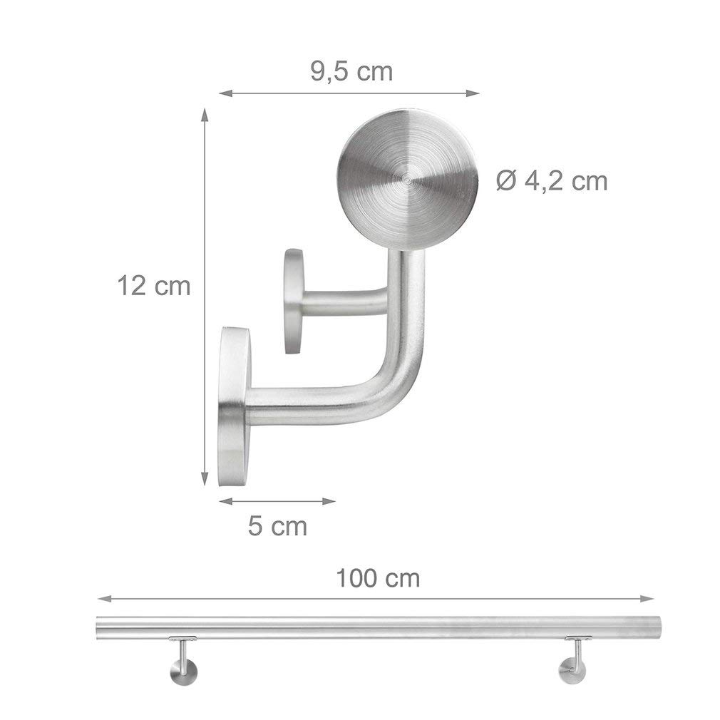 Edelstahl Handlauf V2A 42,4mm 240K geschliffen Wandhandlauf mit leicht gewölbter Endkappe 1000 mm