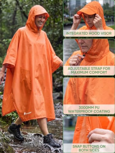 Image of PTEROMY Hooded Rain Poncho for Adult, Waterproof Lightweight Unisex Raincoat for Hiking Camping Emergency