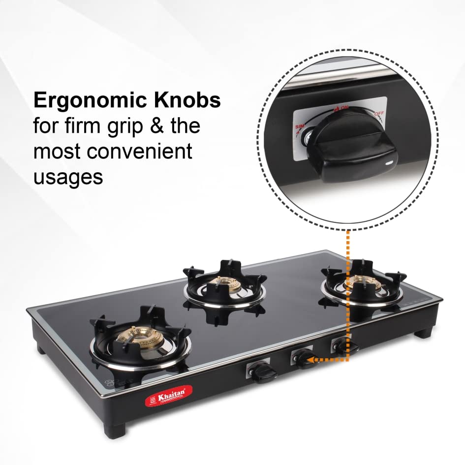 Khaitan 3 Burner Royal MS Black Toughened Glass LPG Gas Cooktop, Manual Ignition Gas Stove with