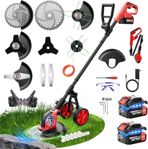 Image of 20000 RPM Electric Weed Wacker with Wheel,12″ Brushless Cordless Weed Eater Battery Powered,4-in-1 Brush Cutter /String Trimmer /Grass Edger /Tiller for Garden,Weed Trimmer,2 Battery (Red)