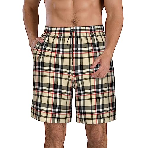 Red Beige Black Buffalo Plaid Men's Swim Trunks Quick Dry Swim Shorts Summer Beach Shorts with Pockets Swimsuit