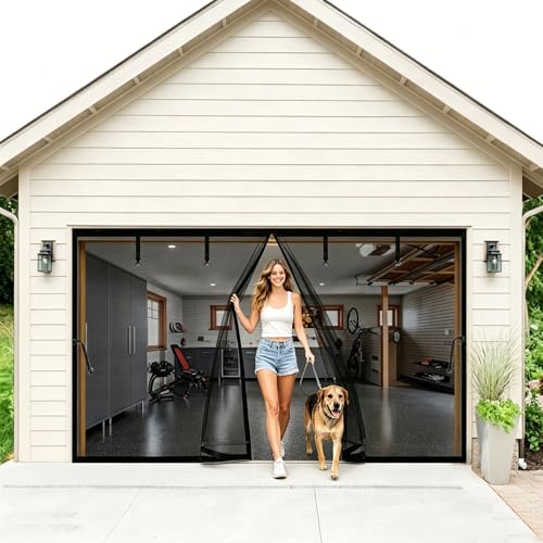 Image of Magnetic Garage Door Screen 13x7FT for 1 Car, Hands Free Screen Curtains, Retractable Fiberglass Doors Cover Closure for Garage Carport Patio Porch Gazebo Backyard Greenhouse RV (Black, 13x7ft)