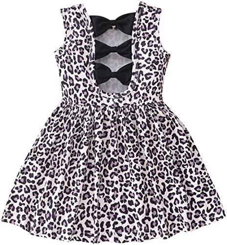 Popshion Toddler Summer Dresses for Girls Leopard Print Dress Back Bowknot Dress Dinosaur Clothes Kids Sleeveless Sundress