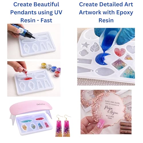 Image of exploralearn UV Epoxy Combo Resin Art Kit- Epoxy Resin (200gm 3:1) + UV Resin (10gm) with Lamp, Moulds, Glitters, Flakes & Jewellery Making Tools | DIY Craft Kit for Earrings, Pendants & Coasters