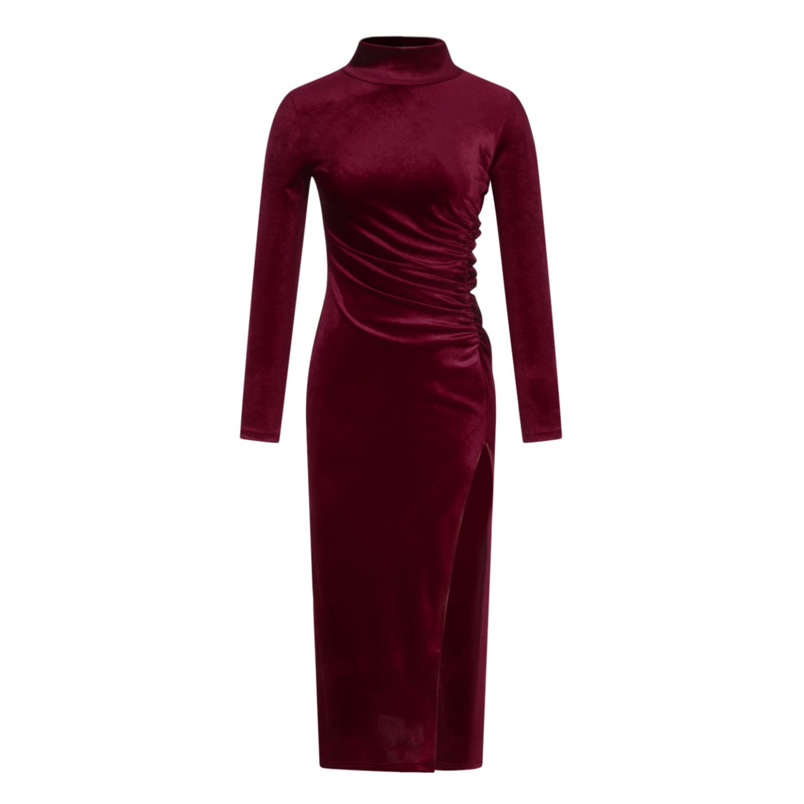 Robe vintage en velours avec col en V et col roulé - Manches longues - Robe de soirée moulante - Robe de bal élégante et rétro, 1056-vin, M