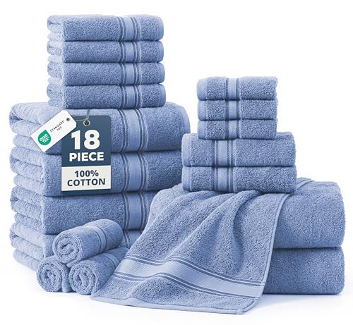 Image of Lane Linen 100% Cotton Luxury Bath Towel Set - 18 Pieces - Zero Twist, Quick Dry, Super Soft & Highly Absorbent - 6 Bath, 6 Washcloths, 6 Hand Towels for Bathroom - Pre Shrunk - Cerulean Blue