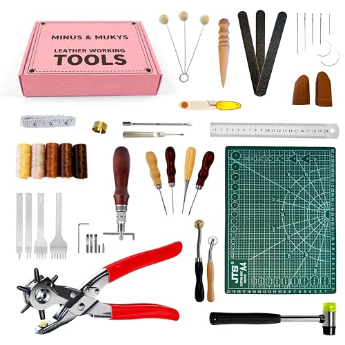 MINUS & MUKYS Leather Tools- Working & Crafting Kit: Includes Belt Hole Puncher for Leather, Upholstery Repair Kit, Awl Tool & Self-Healing Cutting Mat Ideal for Beginner