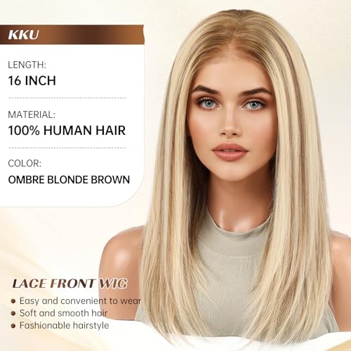 Image of KKU 16 Inch Ombre Blonde Brown Wig Human Hair,Human Hair Wigs for Women,5x5 Lace Front Wigs for women