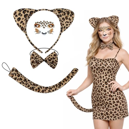 OIXEYA 4 Pièces Ensemble de Costumes de Léopard, Jungle Leopard, Costumes Carnaval Femmes, Déguisement Léopard Enfant, Oreilles de Léopard Bandeau Queue...