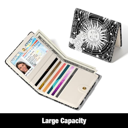 Image of Rouidr Womens Wallet, RFID Small Slim Wallet for Women, Cute Bifold Leather Pocket Credit Card Holder Ladies Mini Purse with Zipper Coin Pocket & ID Window, Abstract Sun