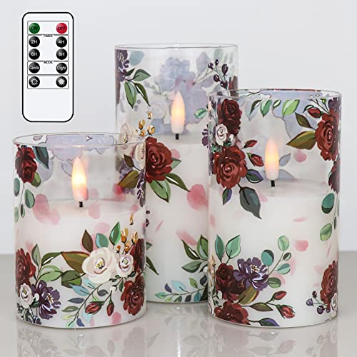 Image of Battery Operated Glass Flameless Candles with Remote and Timer Real Wax 3D Wick Flickering Rose LED Pillar Candles Wedding Dinner Christmas Holiday Decor D3 x H4, 5 inch, 6 inch